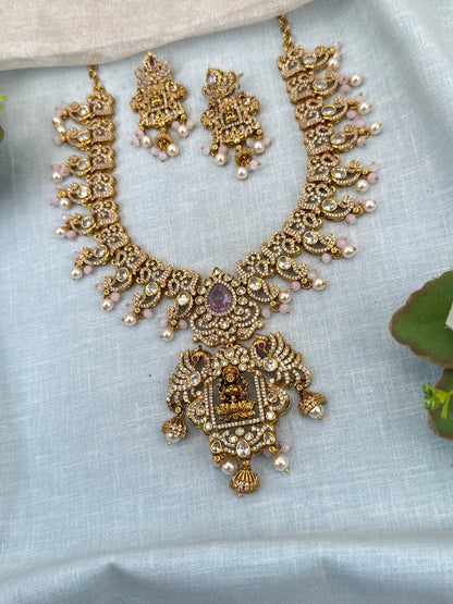 Royal Antique Stone Lakshmi Pendant Short Necklace Set 0758 - Mahilas