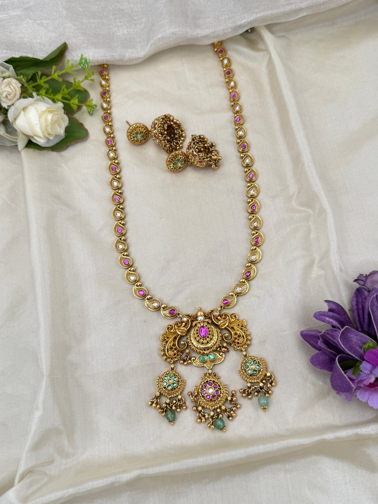Royal Antique Stone Mango Pendant Long Necklace Set 0564 - Mahilas