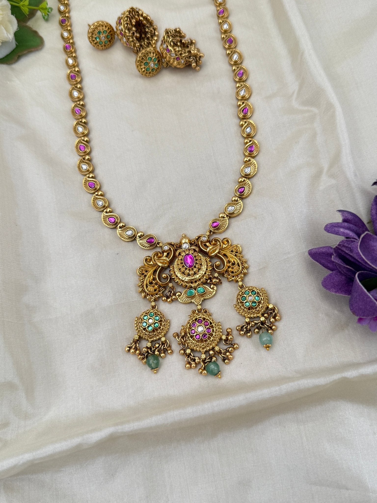 Royal Antique Stone Mango Pendant Long Necklace Set 0564 - Mahilas