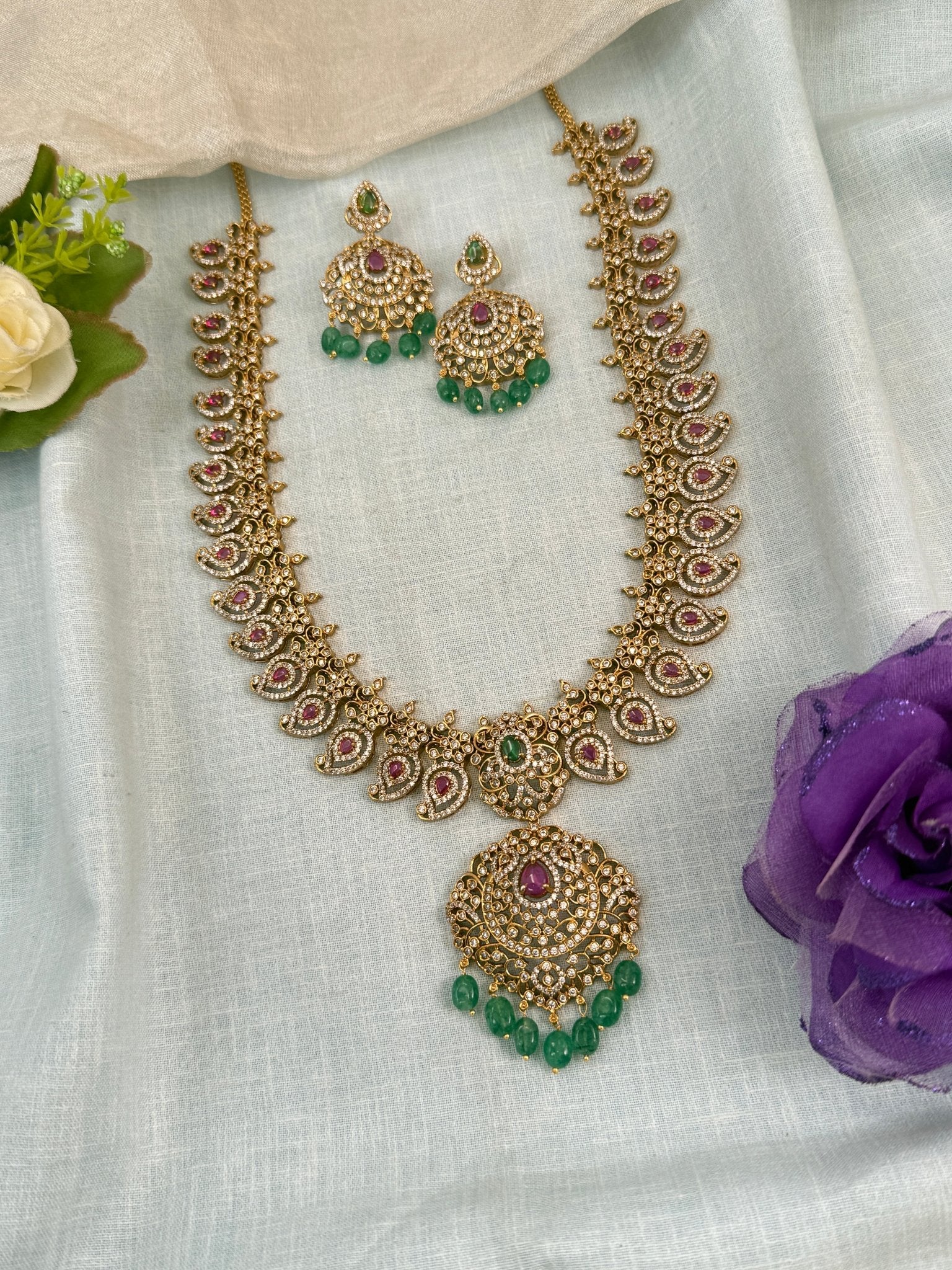 Royal Antique Stone Mango Pendant Long Necklace Set 0822 - Mahilas