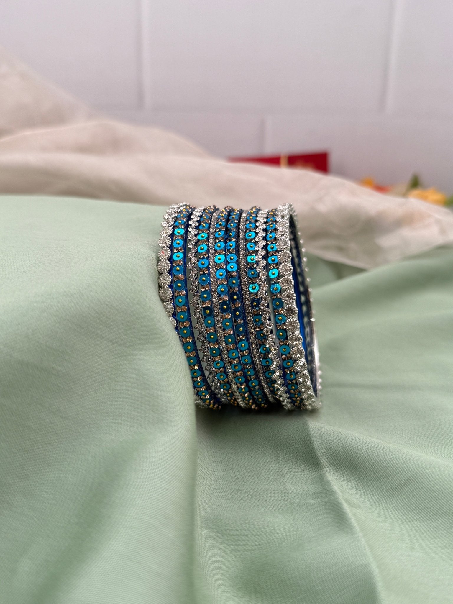 Royal Blue & Silver Glass and Stone Bangle Set 5202 - Mahilas