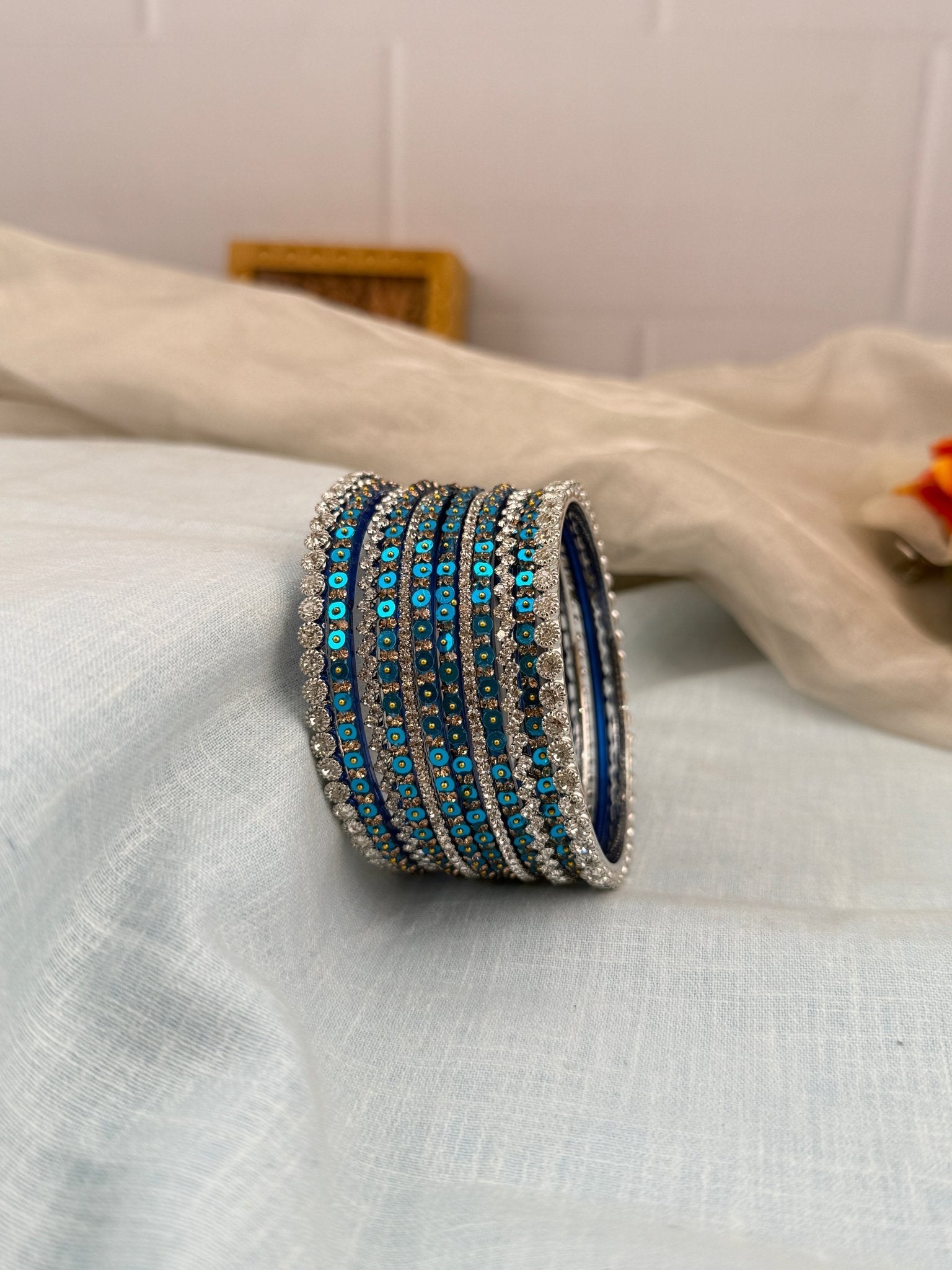 Royal Blue & Silver Glass and Stone Bangle Set 5202 - Mahilas