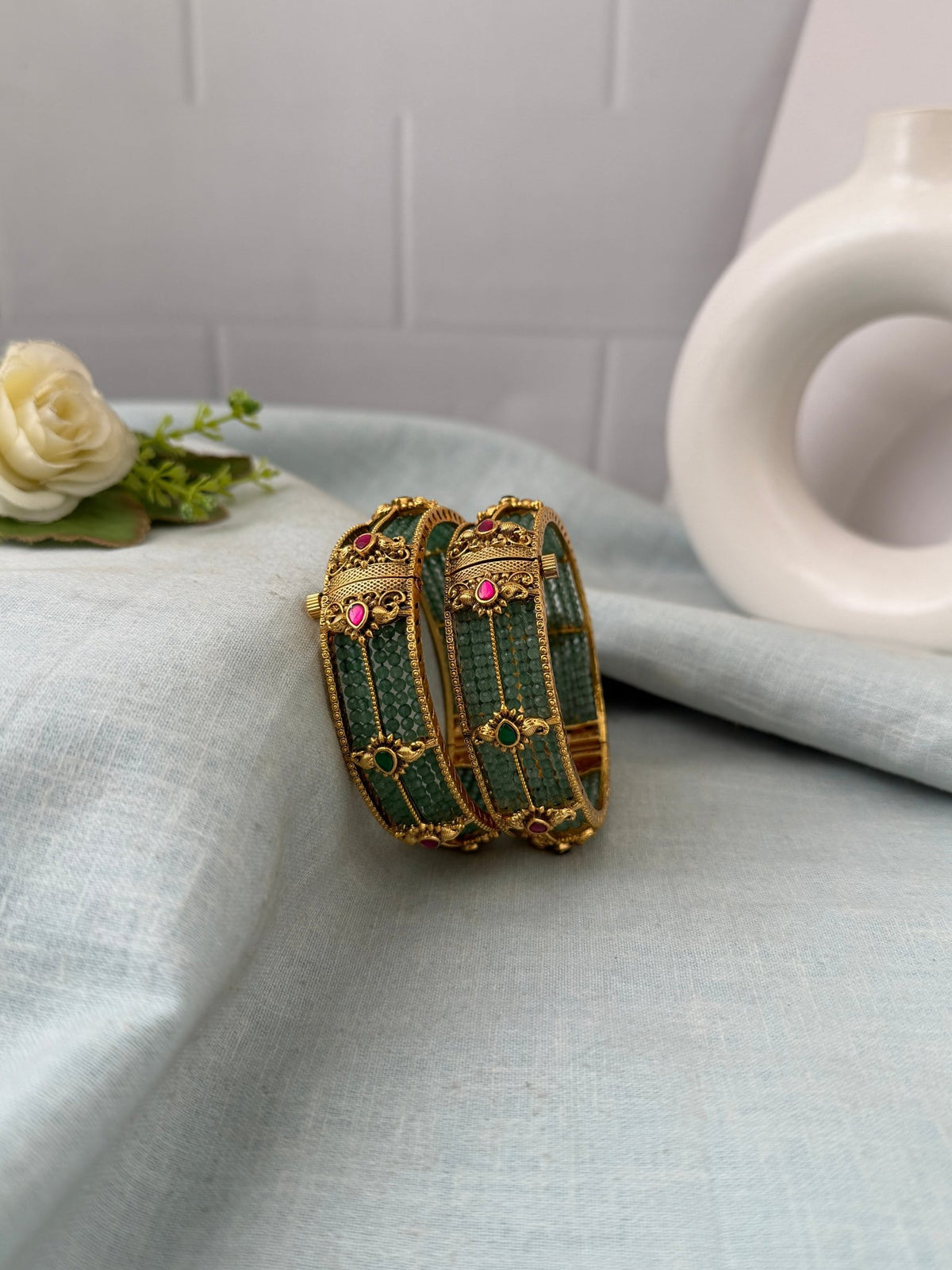 Royal Green Beads Kada Antique Bangles | Open Style | B0317 - Mahilas