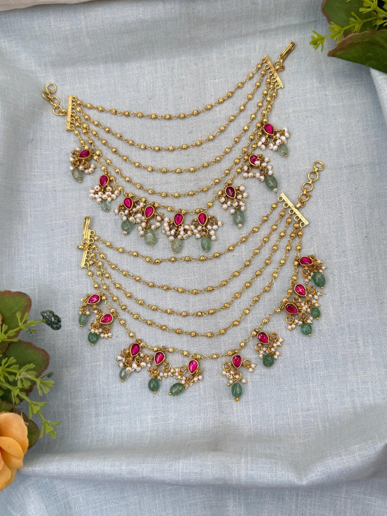 Royal Jadau Antique Pearl Beads Maatal Earchain 319 - Mahilas