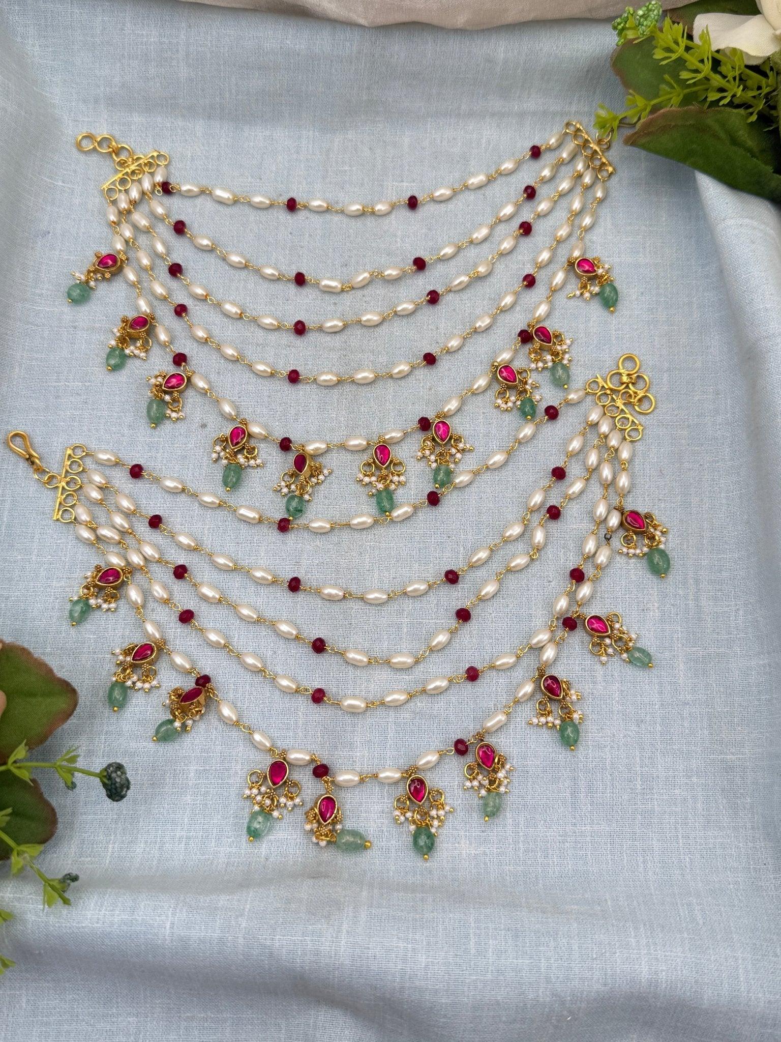 Royal Jadau Antique Pearl Beads Maatal Earchain 320 - Mahilas