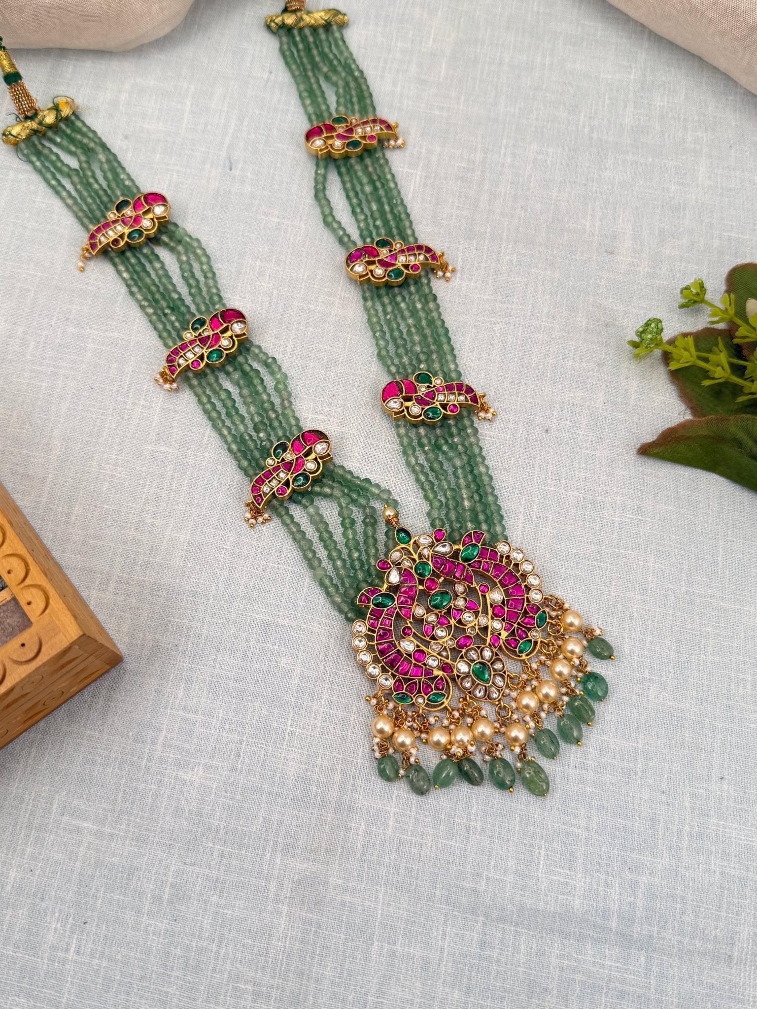 Royal Jadau Kundan Green Beads Layer Necklace Set 556 - Mahilas