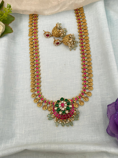 Royal Jadau Kundan Kaasu Pendant Long Necklace Set 0646 - Mahilas