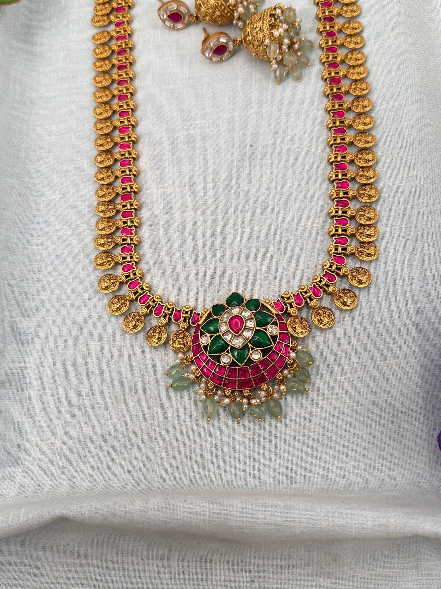 Royal Jadau Kundan Kaasu Pendant Long Necklace Set 0646 - Mahilas