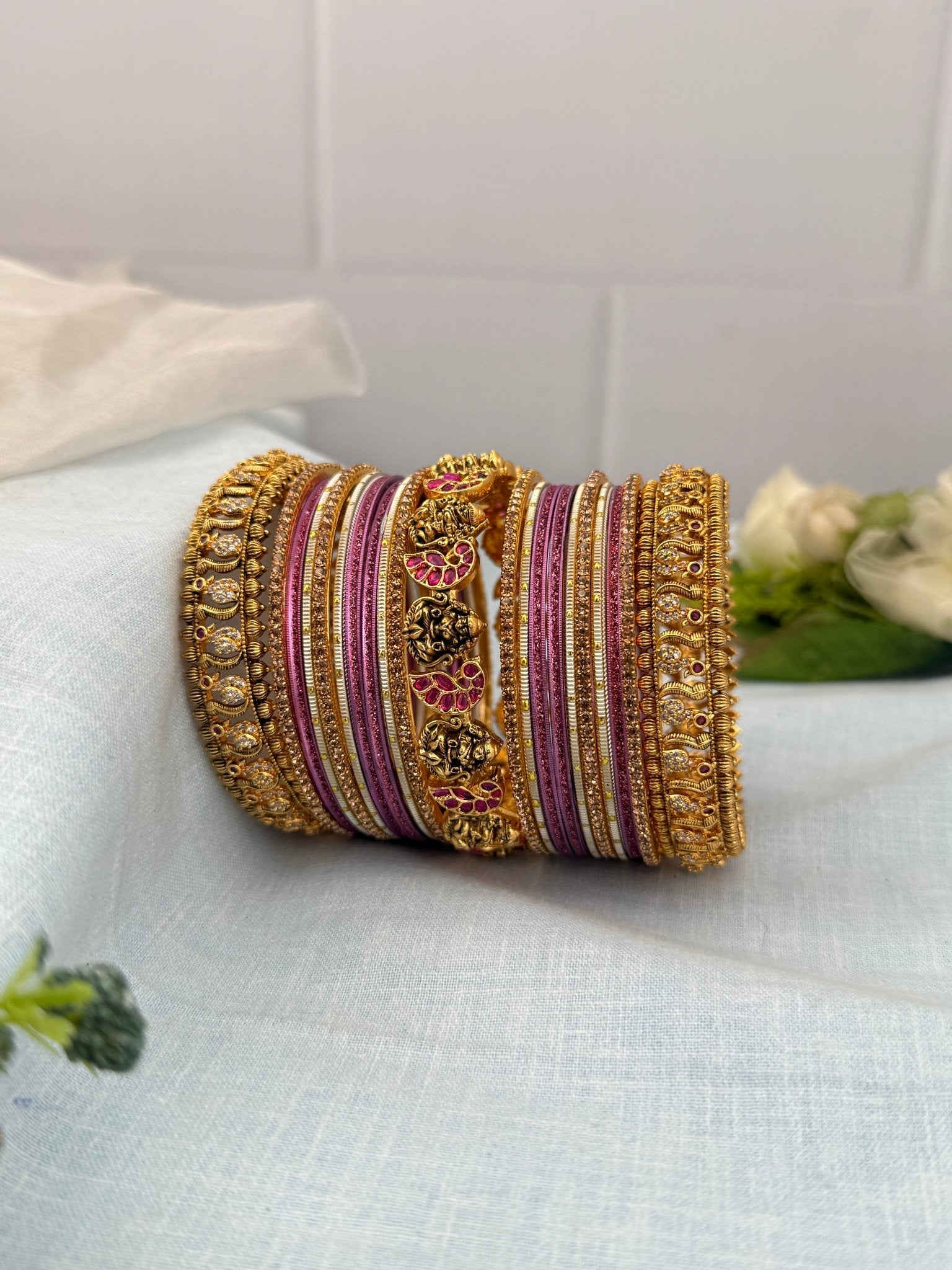 Royal Lavender Pink & Gold Lakshmi Bangle Set - 5218 - Mahilas