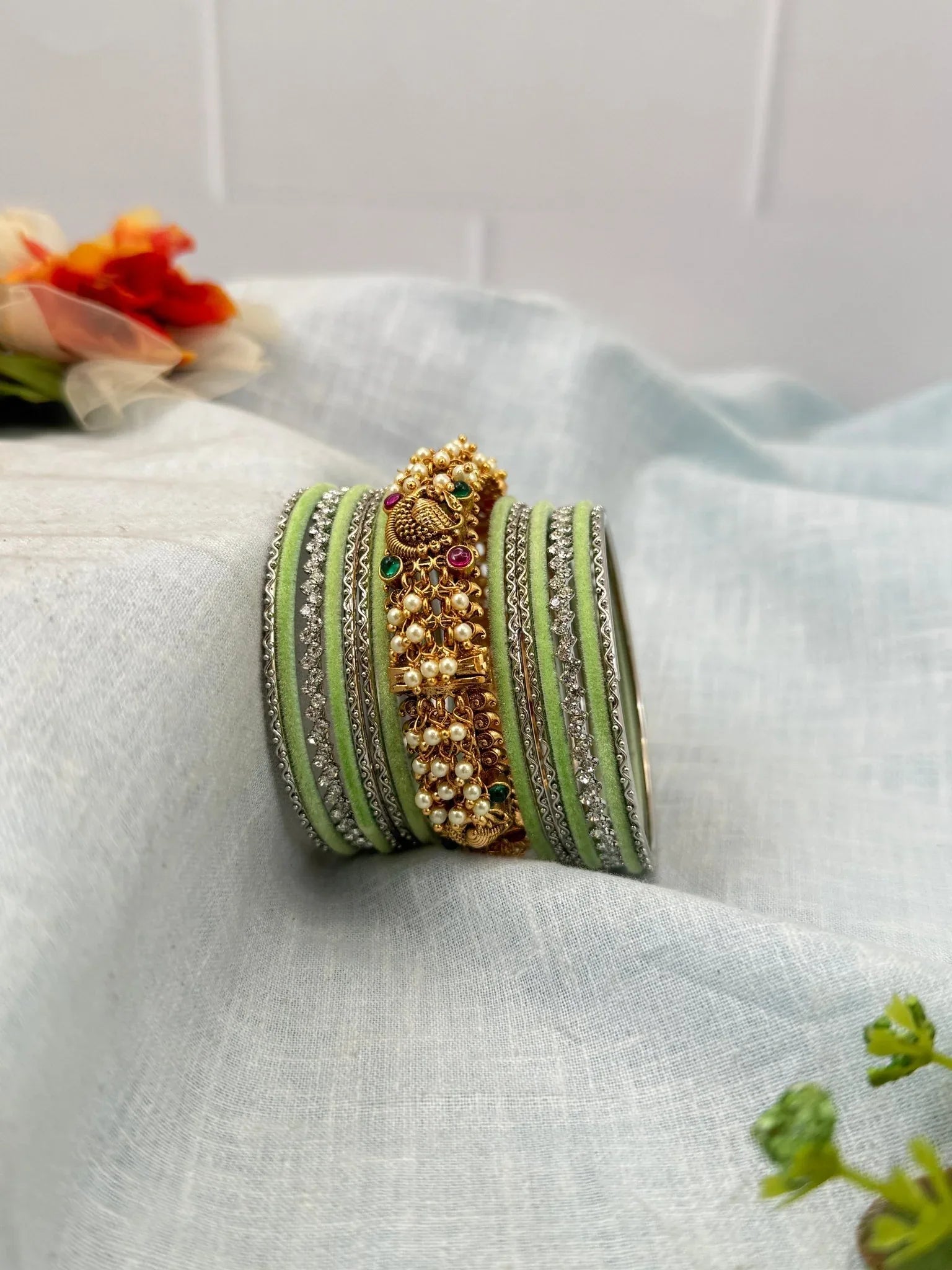 Royal Pastel Color Silver & Antique Kada Bangle Set 5261 - Mahilas