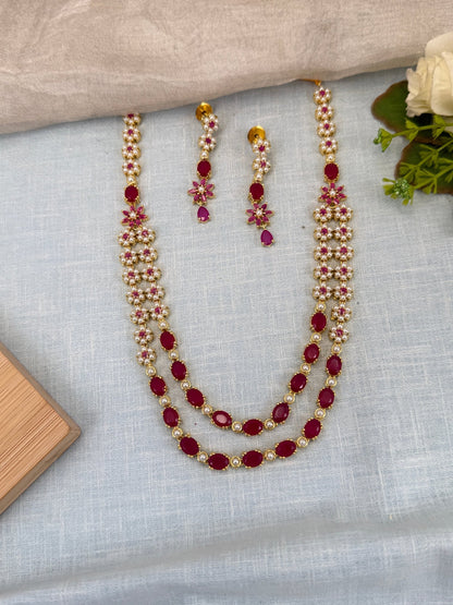 Royal Pearl Stone Layer Mid Long Necklace Set 578 - Mahilas