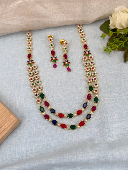 Royal Pearl Stone Layer Mid Long Necklace Set 579 - Mahilas