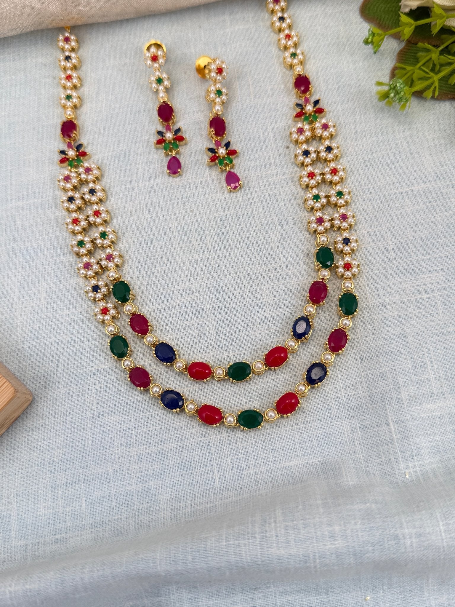 Royal Pearl Stone Layer Mid Long Necklace Set 579 - Mahilas