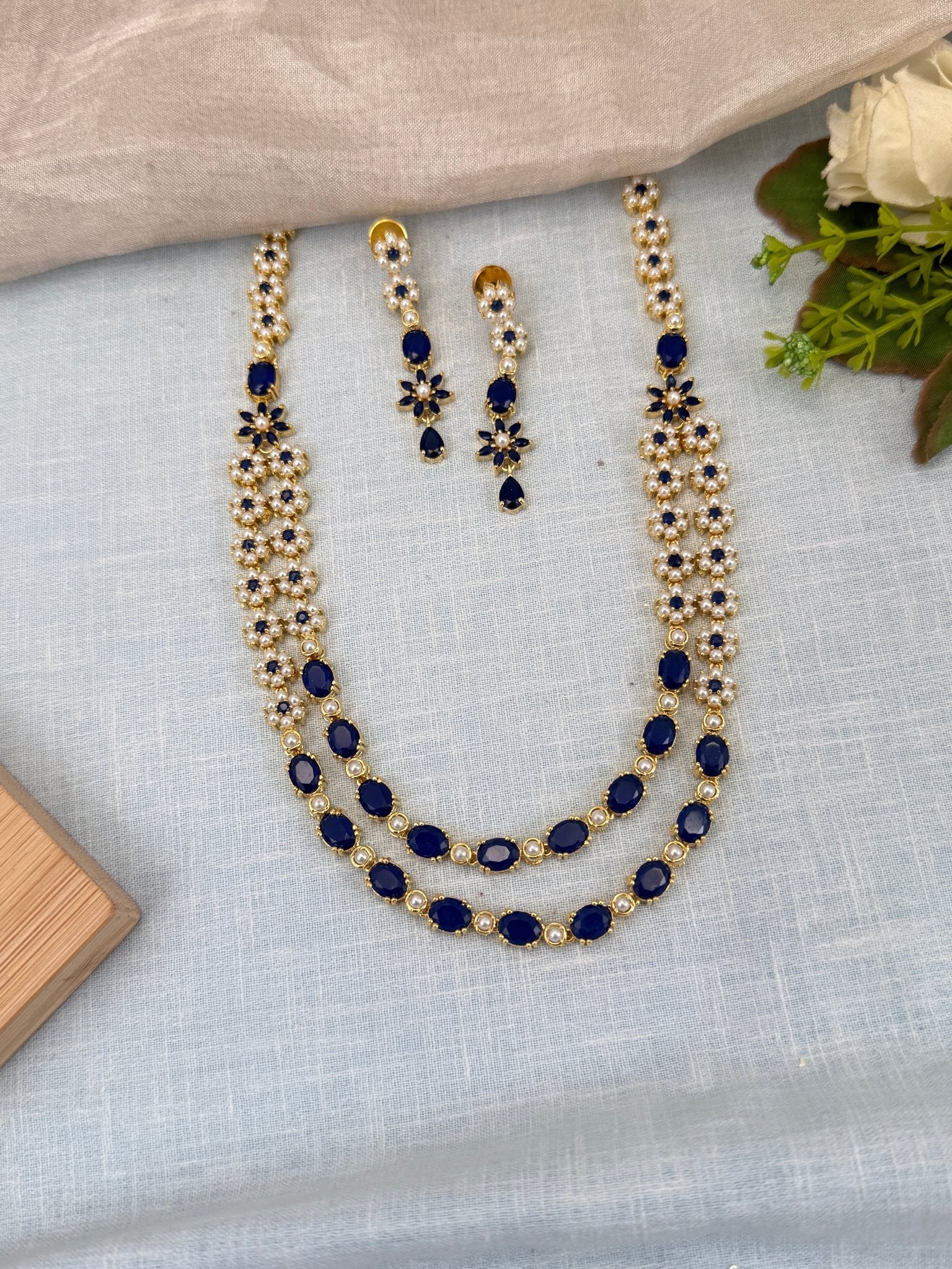Royal Pearl Stone Layer Mid Long Necklace Set 580 - Mahilas