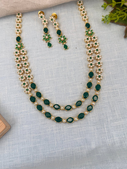 Royal Pearl Stone Layer Mid Long Necklace Set 582 - Mahilas