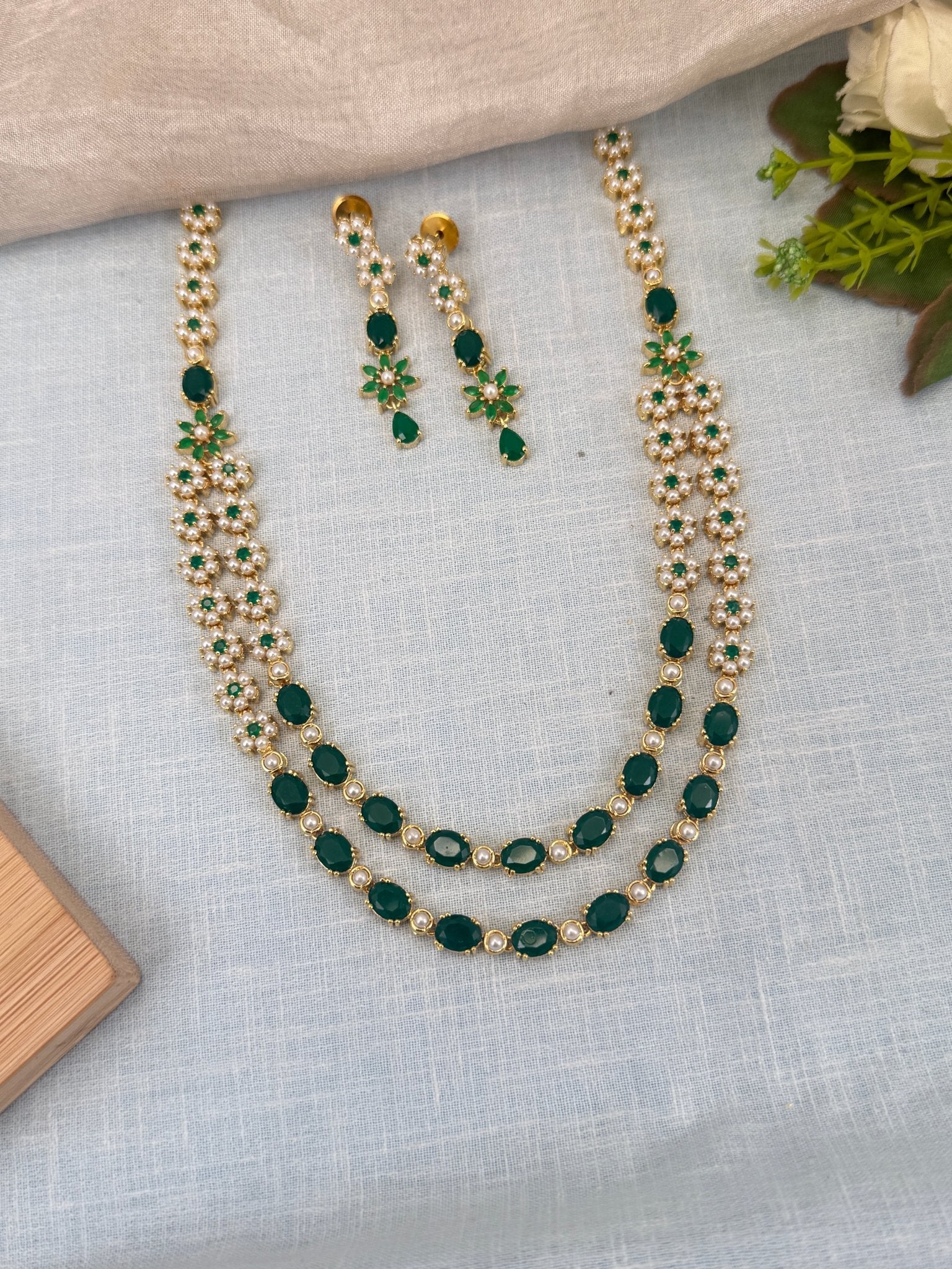 Royal Pearl Stone Layer Mid Long Necklace Set 582 - Mahilas