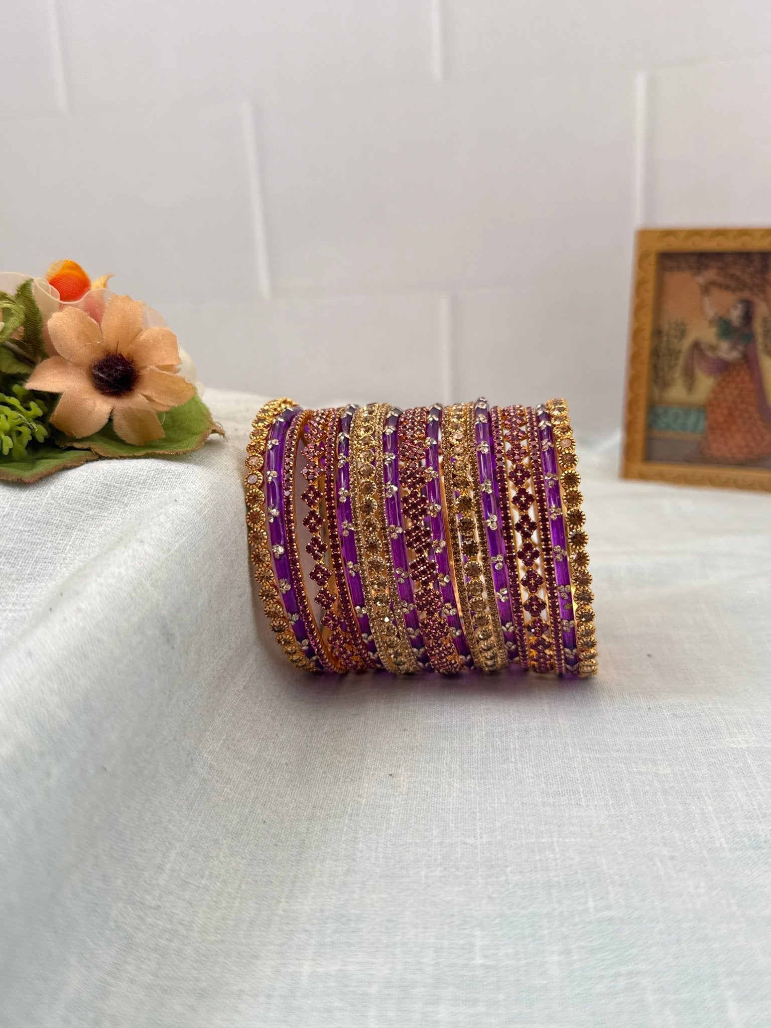 Royal Purple & Rani Pink Gold Glass and Stone Bangle Set 5281 - Mahilas