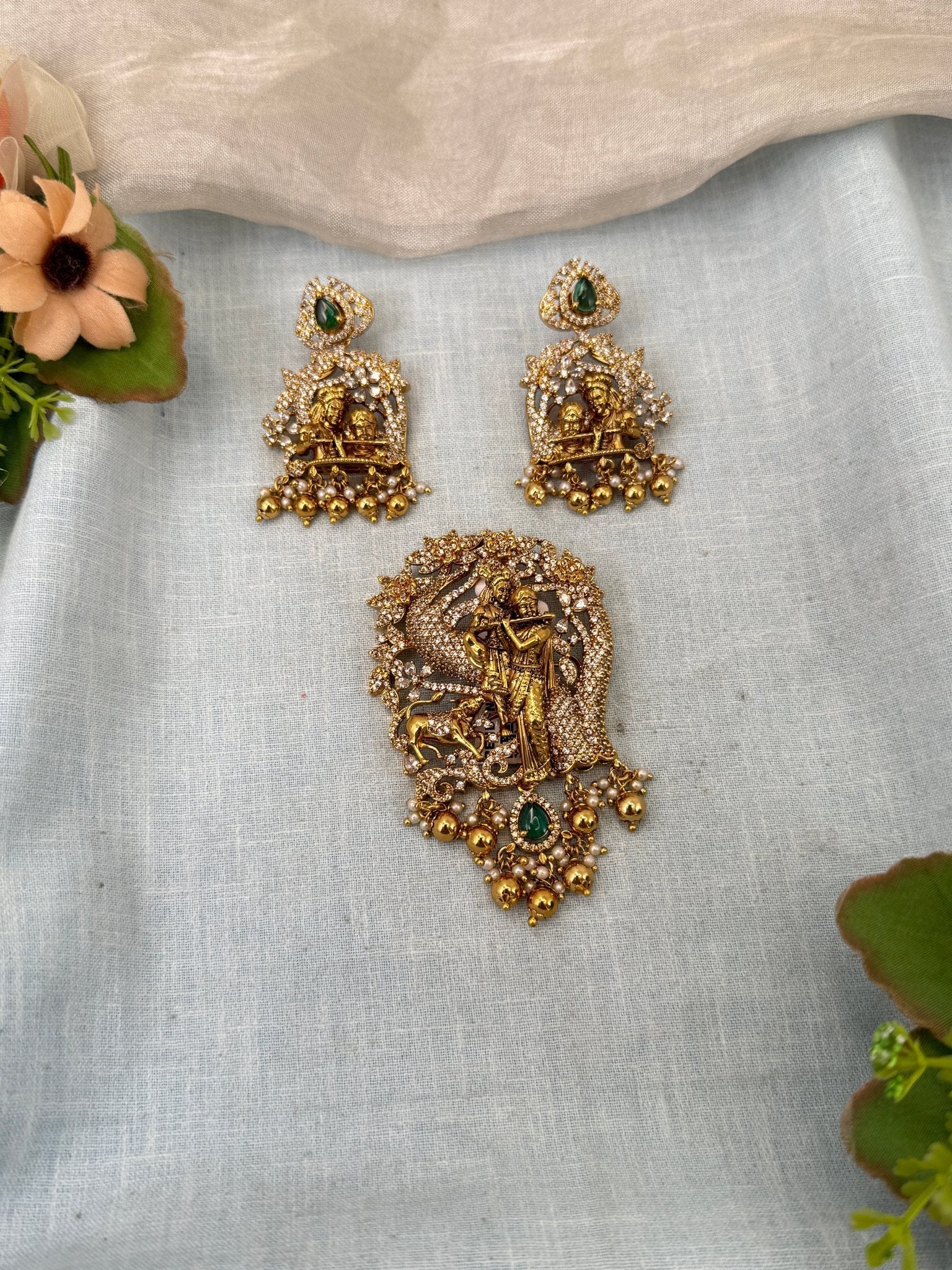 Royal Radha Krishna Antique Pendant Set 245 - Mahilas