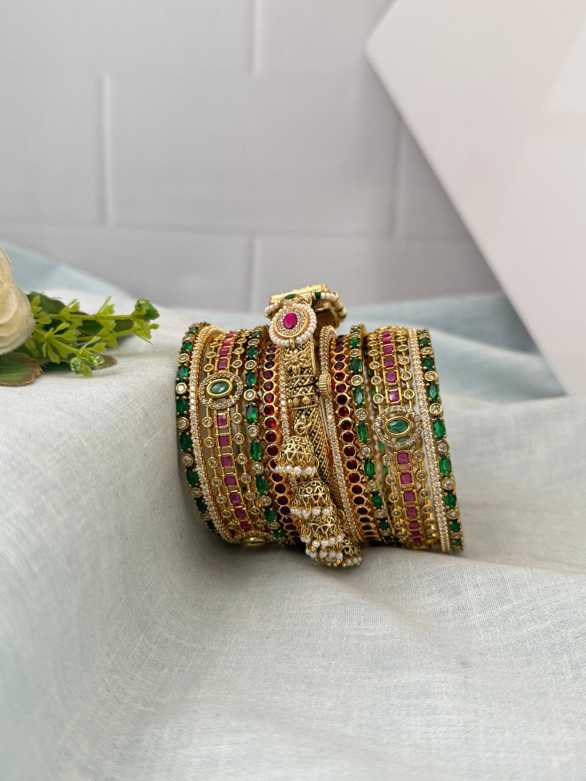 Royal Rajwadi Green & Ruby Bridal Bangle Set | - Mahilas