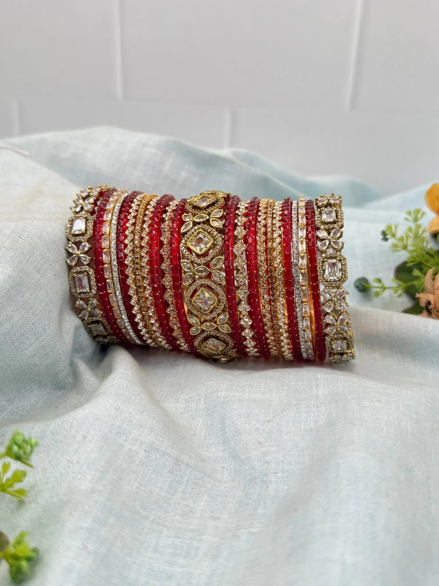 Royal Red and Gold Glass & Victorian Stone Bridal Bangle Set 5264 - Mahilas