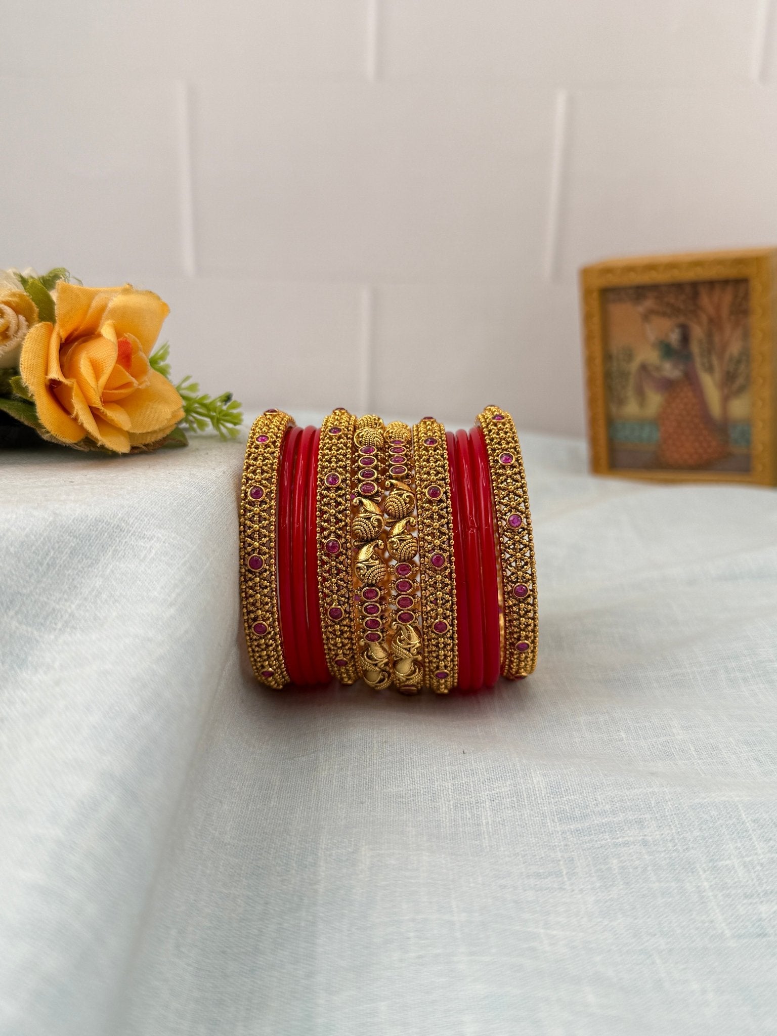 Royal Red Glass and Antique Bangle Set 5275 - Mahilas