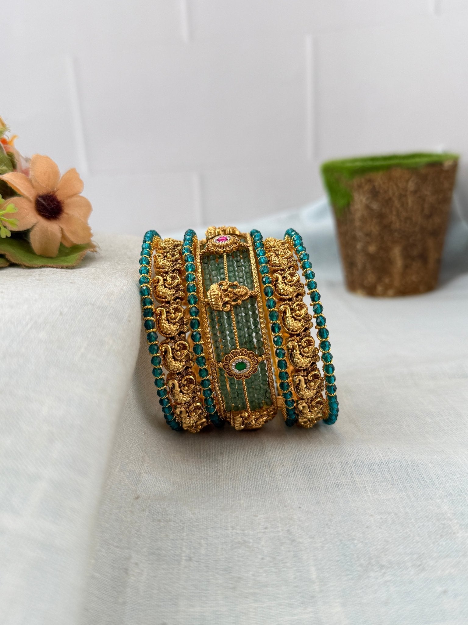 Royal & Rich Aqua Blue Stone and Crystal Bridal Bangle Set - 5309 - Mahilas