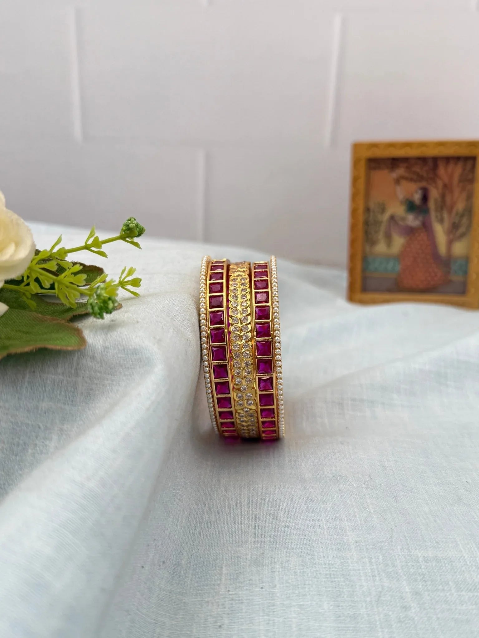 Royal Swarna Ruby White Stone Pearl Bangle Set 5248 - Mahilas