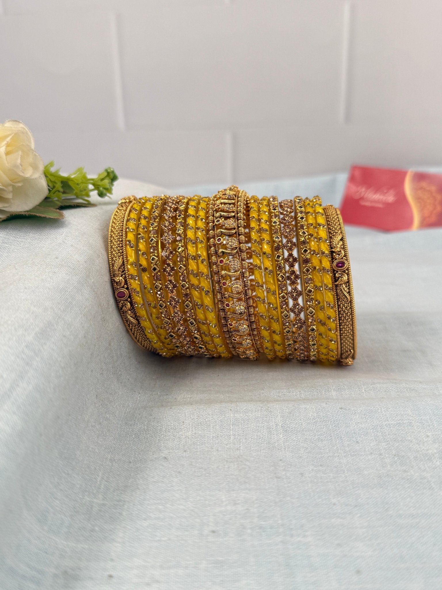 Royal Yellow Gold Glass and Antique Bangle Set 5280 - Mahilas