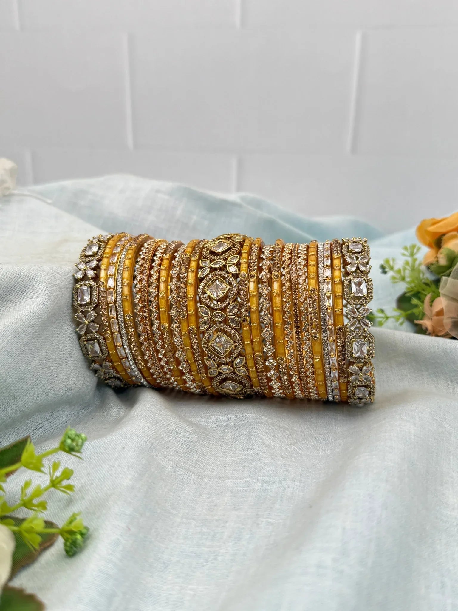 Royal Yellow Gold Glass & Victorian Stone Bridal Bangle Set 5263 - Mahilas