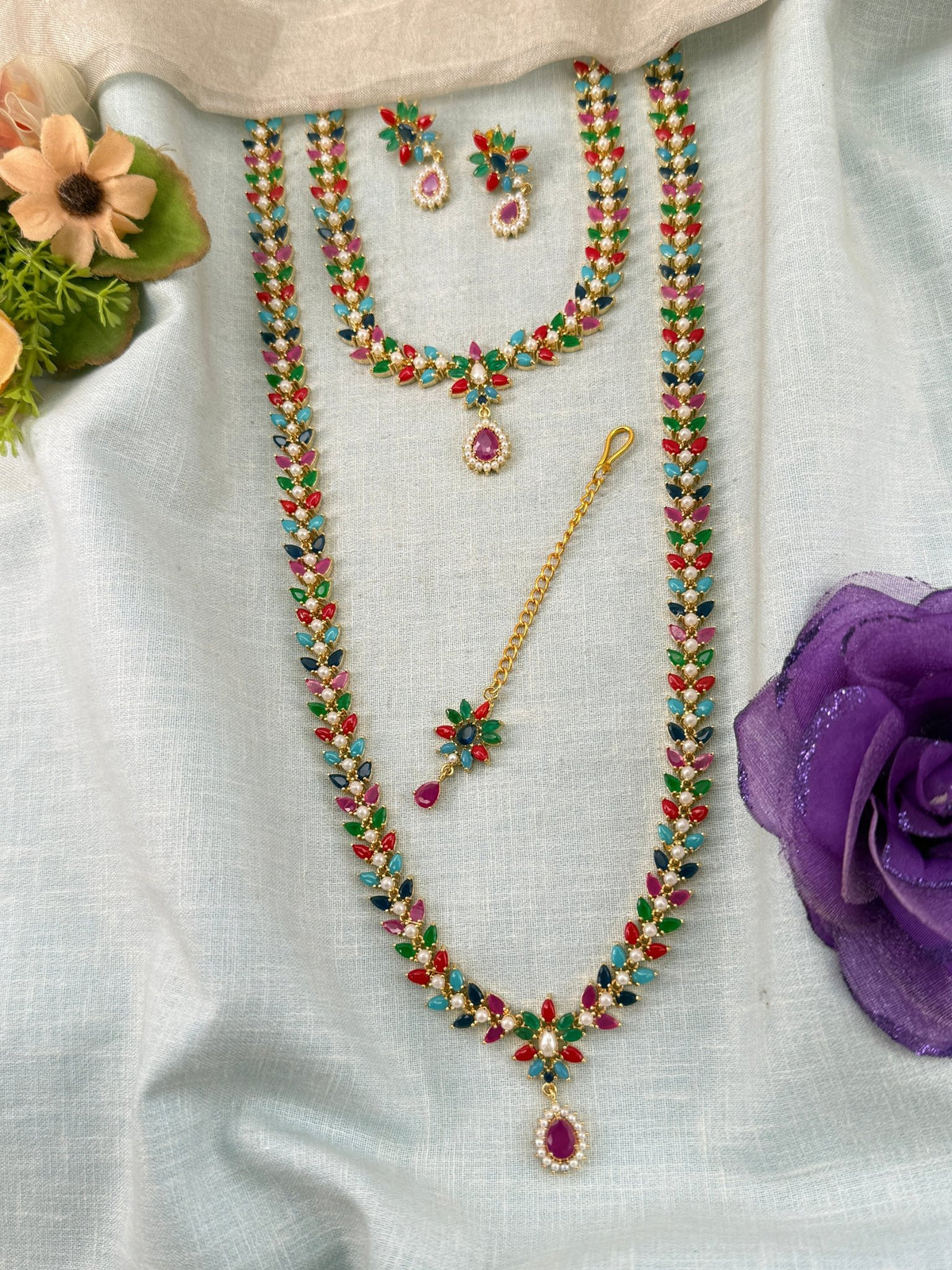 Semi Bridal Pearl Stone Necklace Set | Combo | 001 - Mahilas