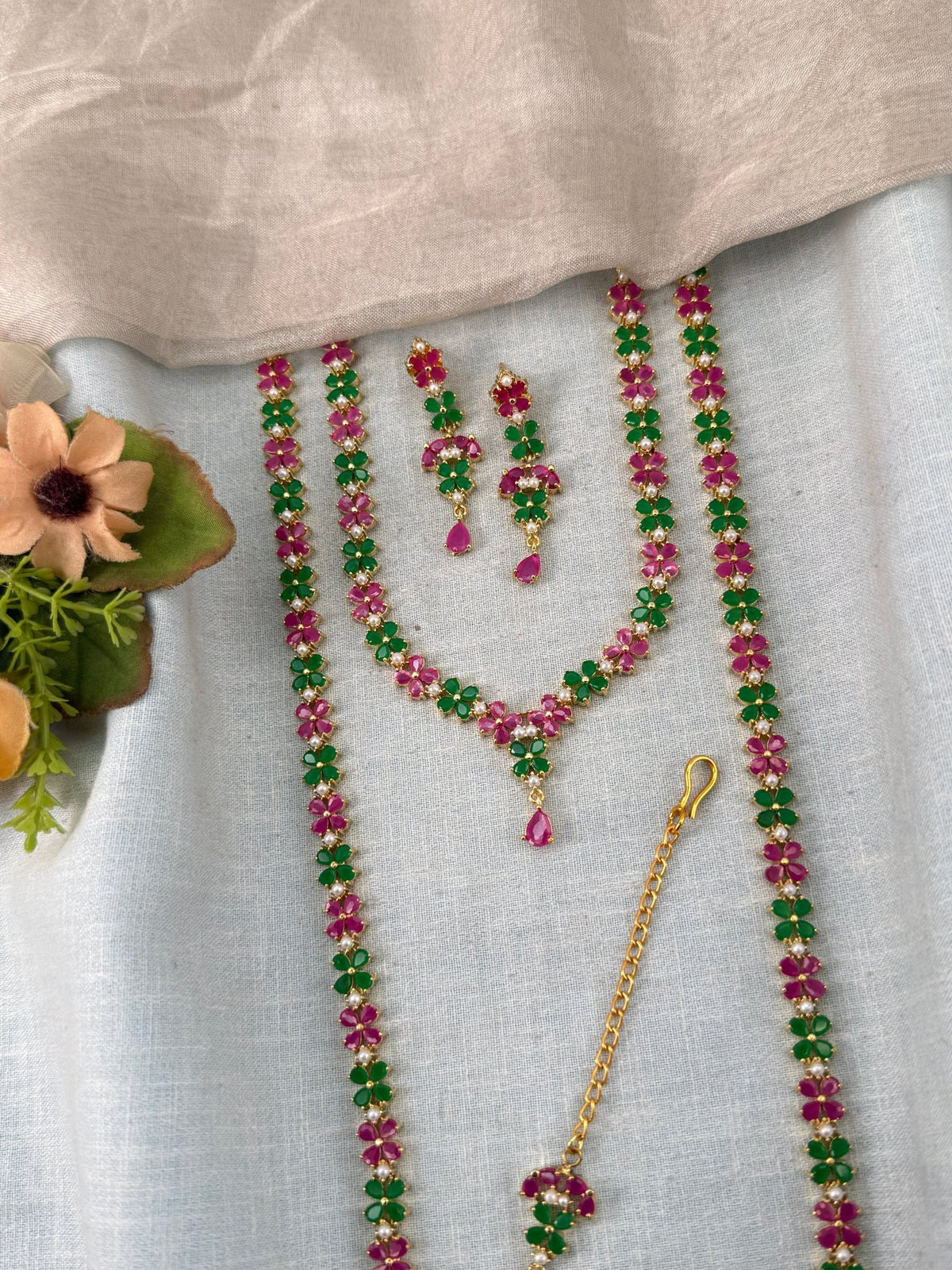 Semi Bridal Pearl Stone Necklace Set | Combo | 003 - Mahilas