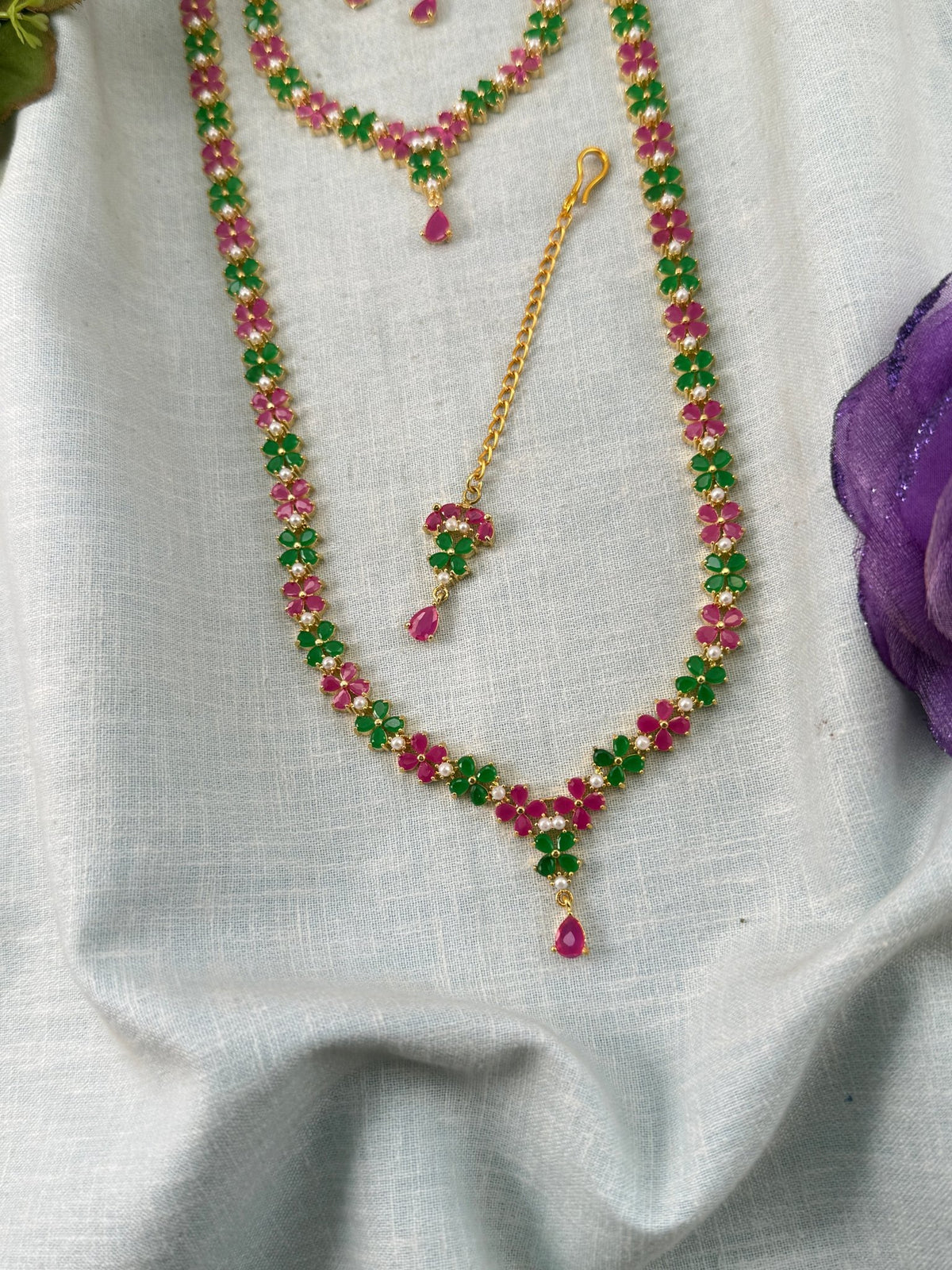 Semi Bridal Pearl Stone Necklace Set | Combo | 003 - Mahilas