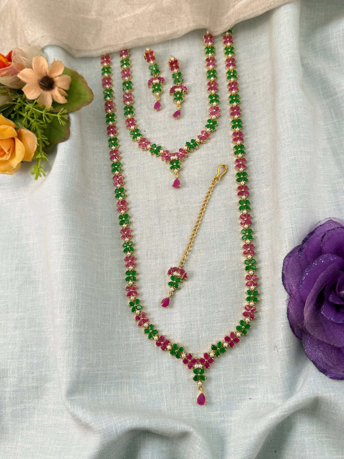Semi Bridal Pearl Stone Necklace Set | Combo | 003 - Mahilas