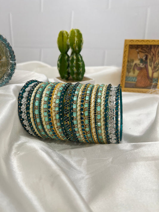 Turquoise & Peacock Blue Bridal Glass and Stone Bangle Set 5051 - Mahilas