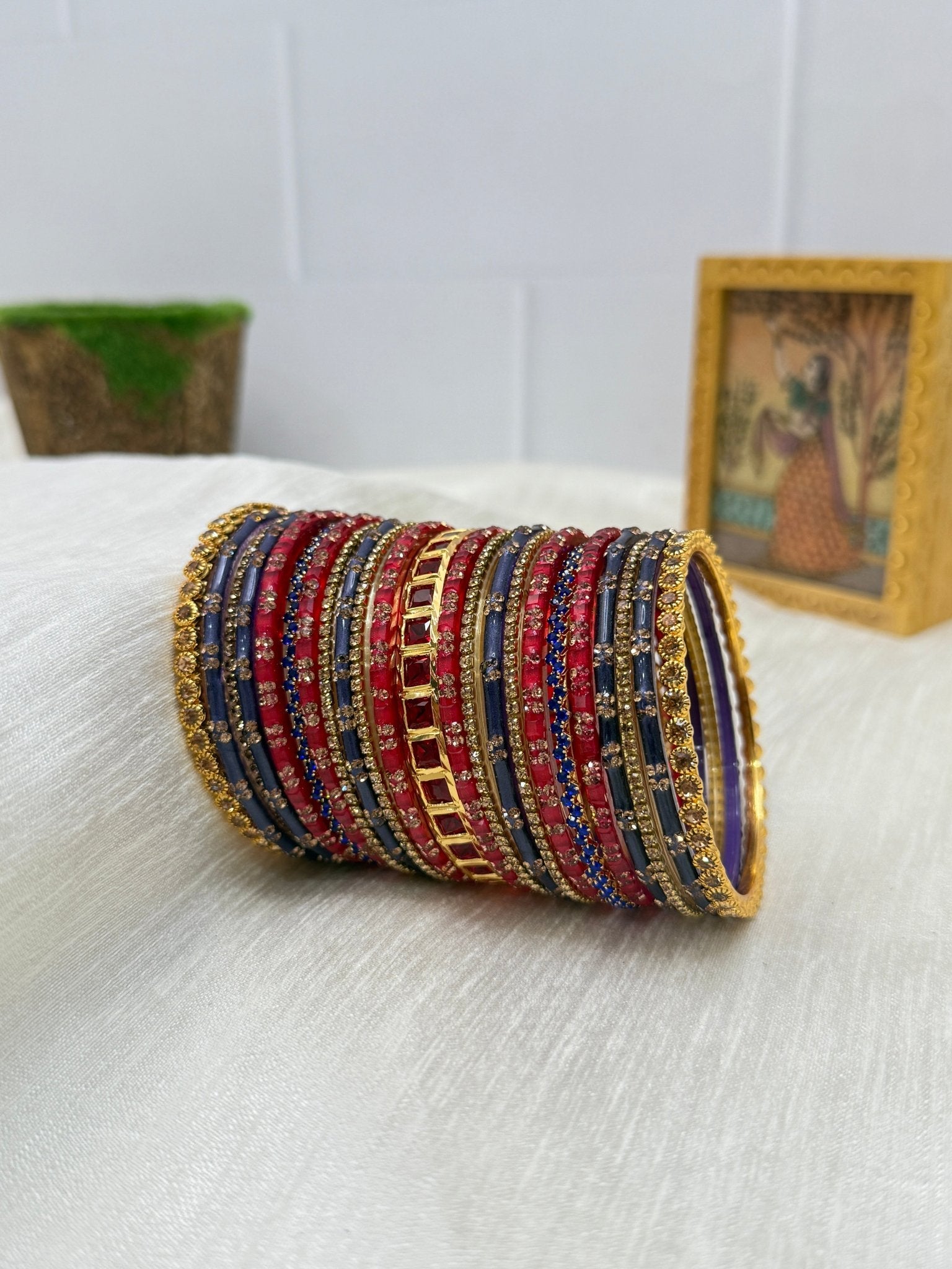 Vintage Navy Blue and Red Glass & Stone Bangle Set - 5120 - Mahilas