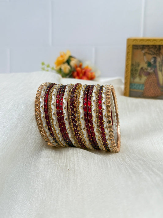 White Gold And Maroon Glass & Stone Bangle Set - 5131 - Mahilas