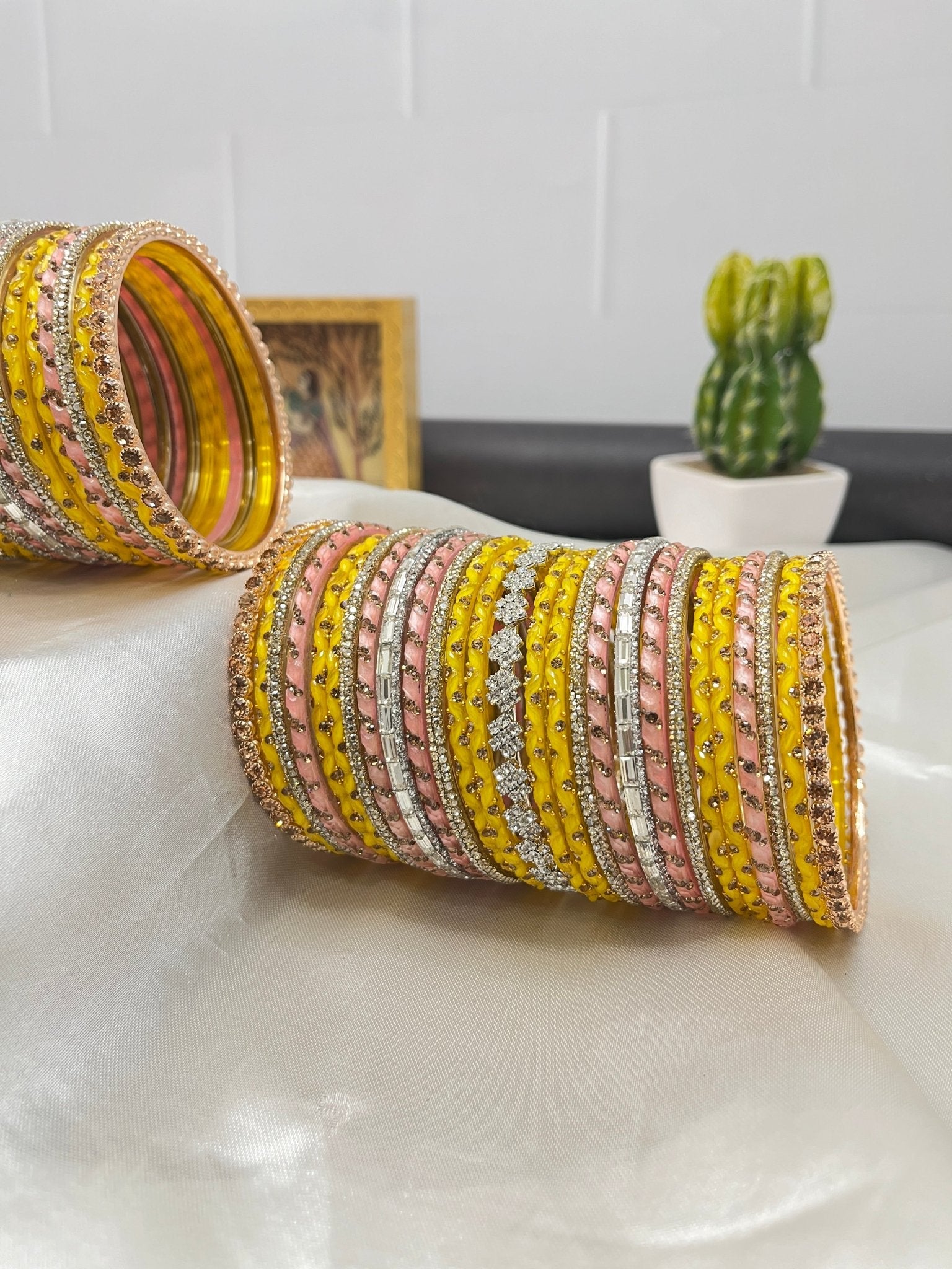 Yellow & Baby Pink Glass and Stone Bangle Set 5043 - Mahilas